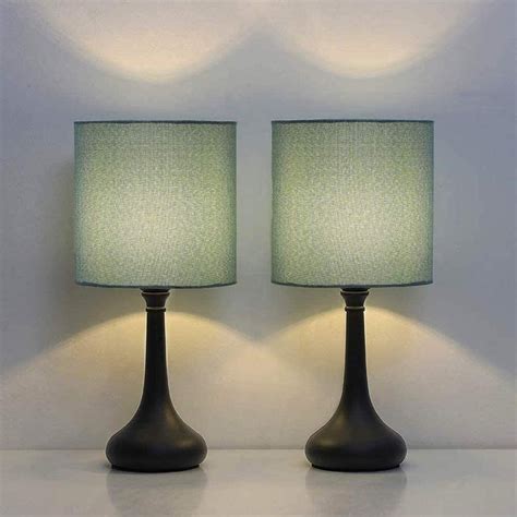 Modern Nightstand Lamps Set Of 2 With Black Metal Base And Light Blue