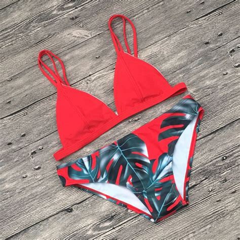 2018 Sexy Women Bikinis Set Red Blue Orange Or Colors With Leaves Pattern Swimsuit Swimming Wear