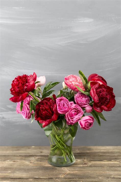 Red Peonies In Vase Retro Styled Photo Close Up Stock Image Image
