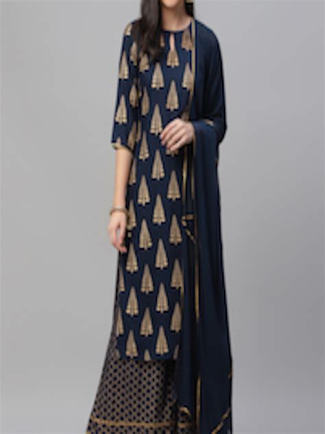 buy libas women navy blue and gold toned printed kurta with palazzos and dupatta kurta sets for