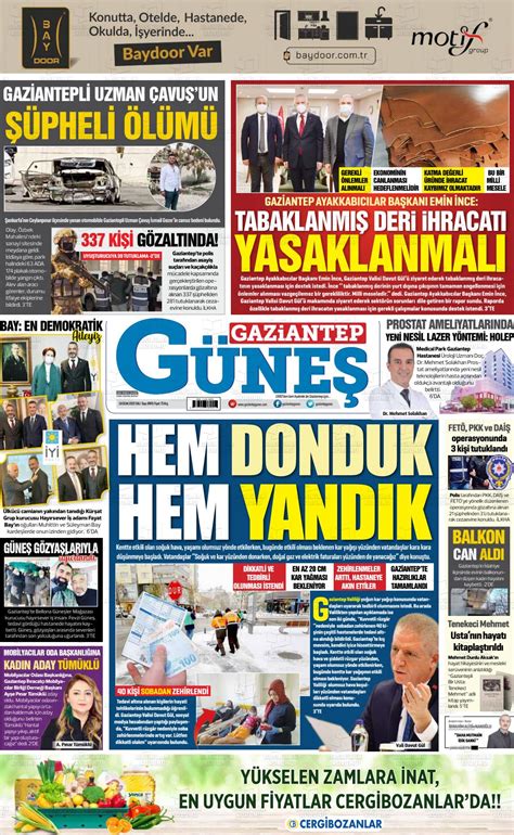 18 Ocak 2022 tarihli Gaziantep Güneş Gazete Manşetleri