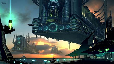 Gray Floating Buildings Animation Fantasy Art Futuristic Spaceship