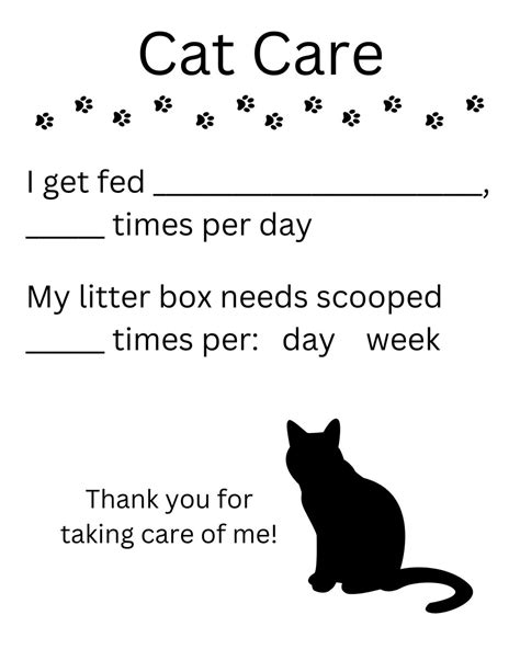 Cat Care Sheet Printable Animal Care Sheet Pet Sitter Etsy
