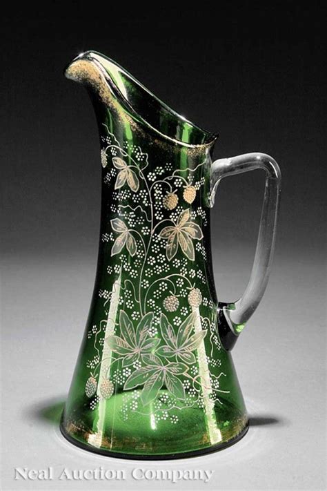 0759 Enameled Emerald Glass Pitcher Possibly Moser Lot 759 Glass Decor Antique Glass
