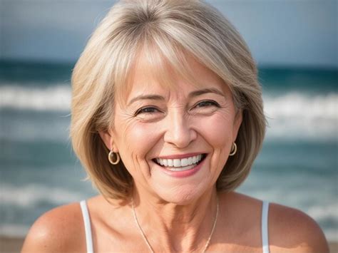 Premium Ai Image Close Up Portrait Of A Beautiful Mature Woman Smiling At The Camera On The Beach