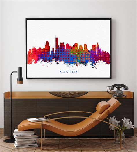 Boston Skyline Boston Print Watercolor Print Wall Art Decor Etsy