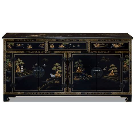 Black Lacquer Chinoiserie Scenery Motif Oriental Sideboard Lacquered