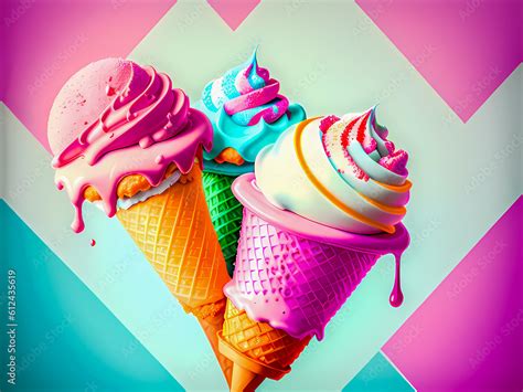 Ice Cream Sweet Cones Funny Ice Cream Cones And Scoops In Bright