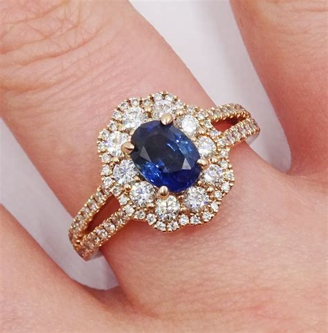 18ct Rose Gold Oval Sapphire And Diamond Cluster Ring With Diamond Set