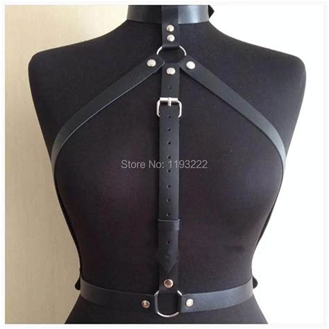 sexy women punk rock gothic handcrafted leather body bondage halter choker harness bra caged