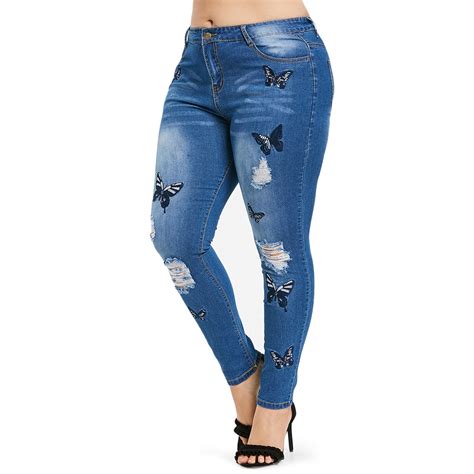 Wipalo Plus Size Xl Butterfly Distressed Embroidered Jeans Women Pant