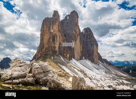 Three Peaks Side View Sesto Dolomites South Tyrol Italy Stock Photo