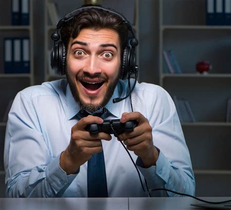 Businessman Gamer Staying Late To Play Games Stock Photo Image Of