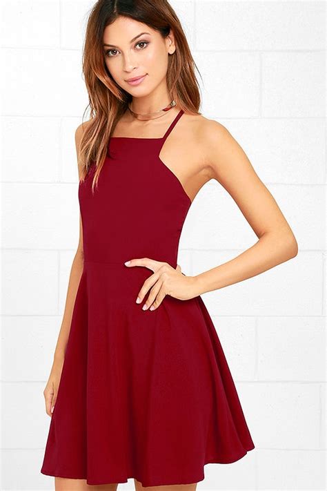 cute wine red dress skater dress fit and flare dress 54 00