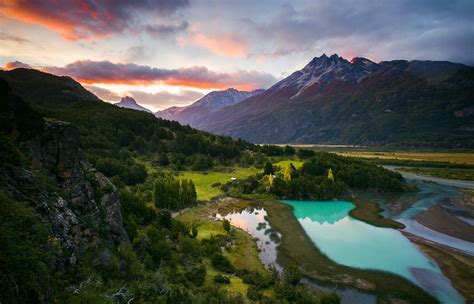 River Sunrise Chile Mountain Patagonia Turquoise Valley Snowy Peak