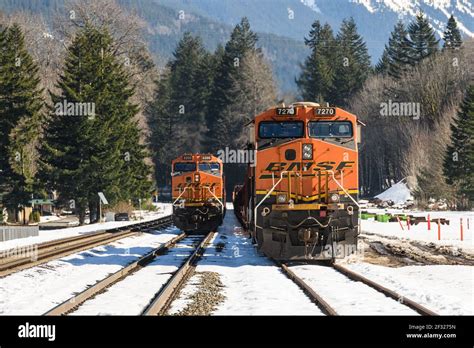 Pair Of Bnsf Freight Trains At Skykomish In The Washington Cascades
