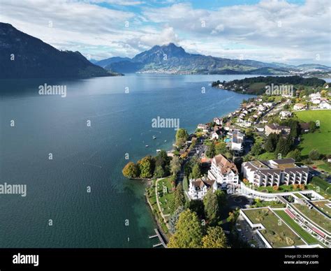 An Aerial Shot Of Weggis Municipality On The Northern Shore Of Lake Lucerne In Switzerland Stock