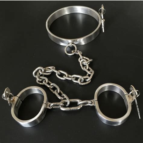 304 Stainless Steel Lockable Neck Collar Handcuffs With Chain Hand Cuffs Choking Ring Restraints