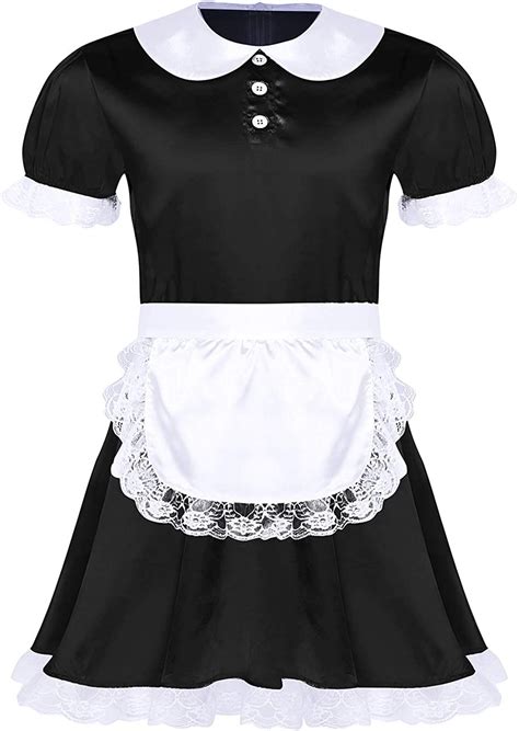 aislor men s sissy frilly satin flutter french maid uniform crossdressing short sleeves dress