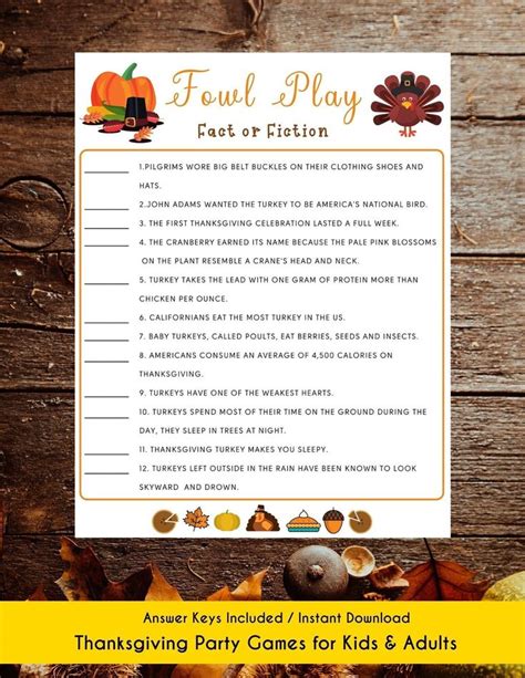 Thanksgiving Fowl Play Fact Or Fiction Game Thanksgiving Etsy