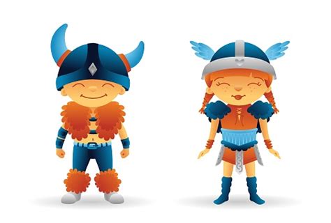 Cartoon Vikings Set Cute Color Characters In Scandinavian Costume