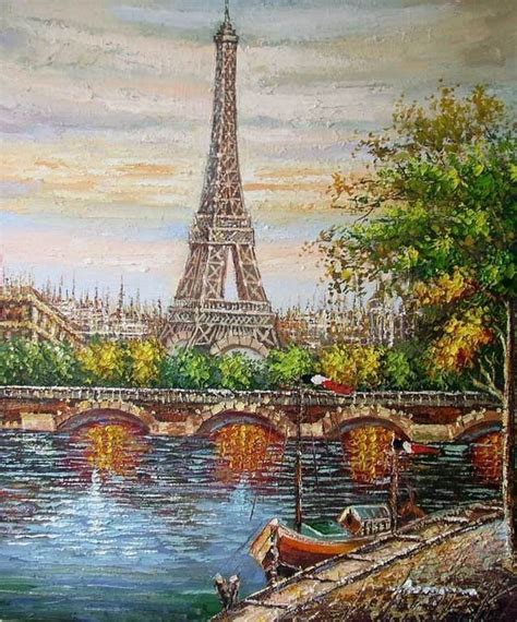 Paris Eiffel Tower Seine Bridge France Oil Painting In Painting