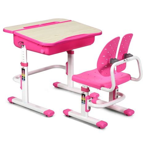 Gymax Adjustable Children Study Desk Chair Set Wwinged Backrest Pink