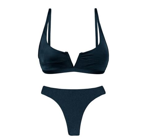 Iridescent Navy Blue Thong Bikini With V Bralette Top Set Shark Bra V