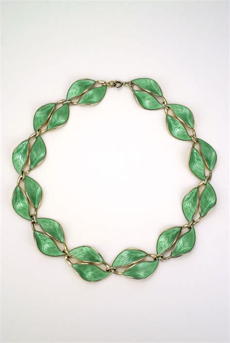 David Andersen Solid Silver And Green Enamel Double Leaf Necklace 1950