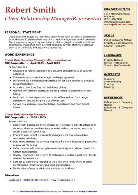 A relationship manager, or client relationship manager, is responsible for forming and maintaining connections with business clients to drive sales. Client Relationship Manager Resume Samples | QwikResume