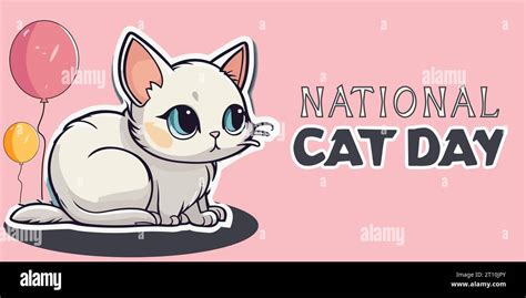 National Cat Day Banner A Cute White Fluffy Cartoon Cat Sitting