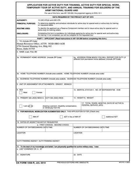 Fillable Da Form 1058 R Application For Active Duty For Training