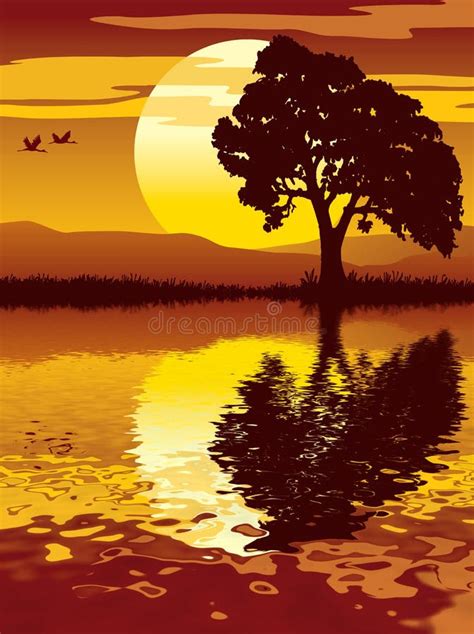 Oak Tree Silhouette On Sunset Background Stock Illustration
