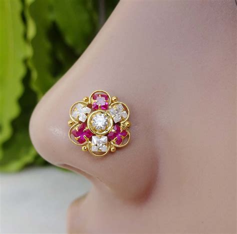 Flower Nose Ring Indian Nose Stud Ruby Nose Stud Gold Nose Etsy Uk