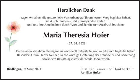 Traueranzeigen Von Maria Theresia Hofer Augsburger Allgemeine Zeitung