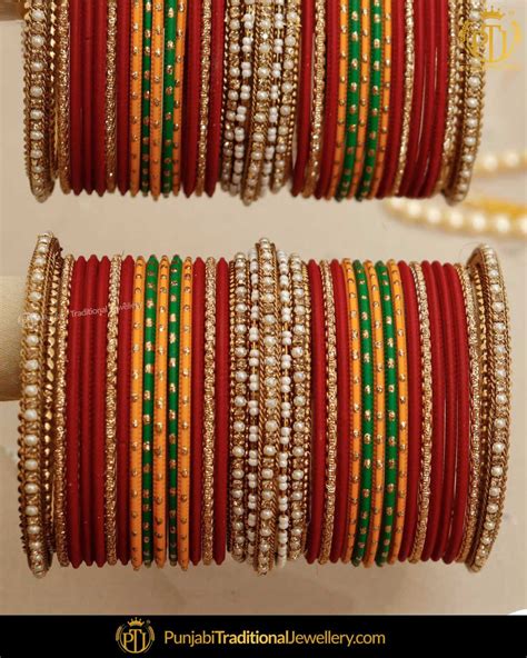 Red Green And Yellow Pearl For Both Hands Bangles Set Punjabi Tradit Punjabi Traditional
