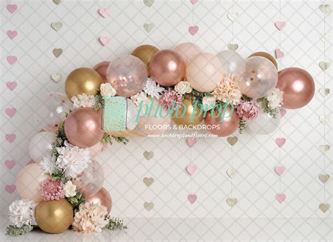 Hearts And Floral Balloon Arch Photography Backdrop Falling Valentines