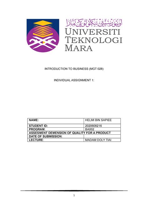 Individual Assignment Mgt Introduction To Business Mgt Individual Assignment Name