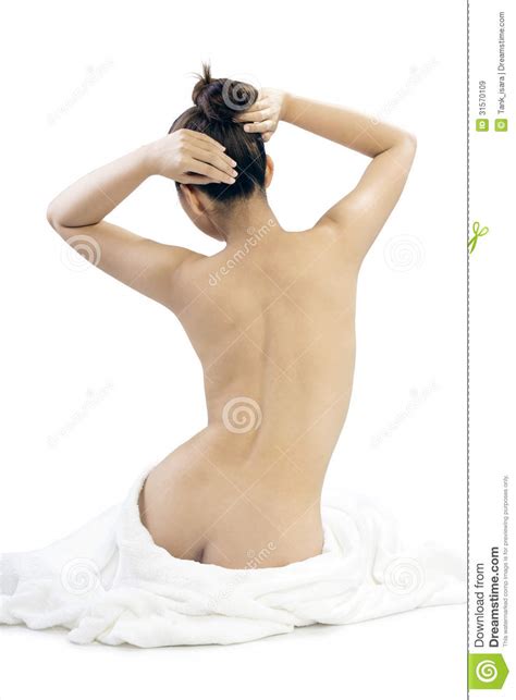 Back View Of Naked Woman Prepare Her Nude Body For Shower