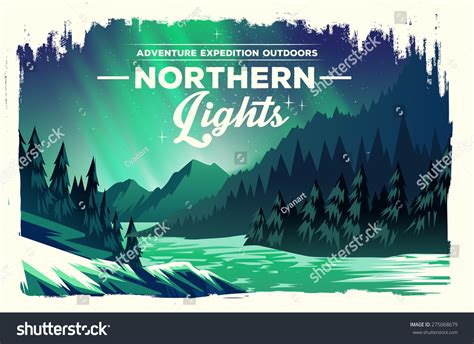 Vector Poster Landscape Green Northern Lights Stock Vector Royalty