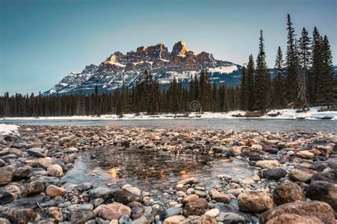 Sunrise Over Castle Mountain Over Bow River In Winter At Banff National