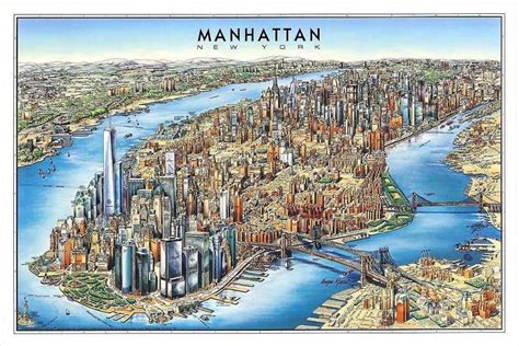 Pictorial Birds Eye View Map Of Manhattan New York City By Unique