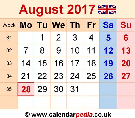 Calendar August 2017 Uk With Excel Word And Pdf Templates