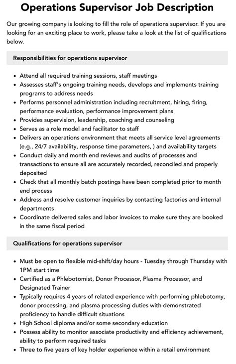 Operations Supervisor Job Description Velvet Jobs
