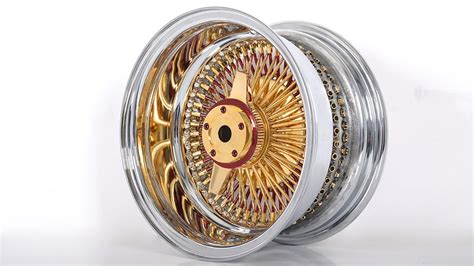 13x7 Wire Wheels Reverse 100 Spoke Straight Lace Gold And Red Spoke With Chrome Lip Rims Ww101 1