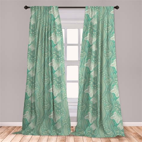 Green Curtains 2 Panels Set Lace Style Graphic Pattern Of Flourishing