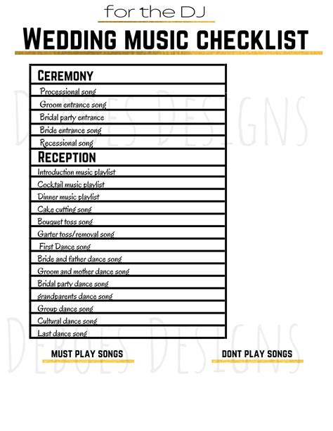 Wedding Music Playlist Checklist Wedding Printable Wedding Planner Music List Checklists