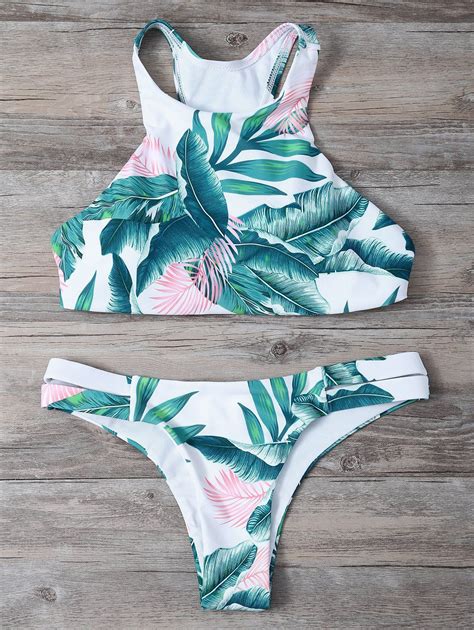 Lace Up Tropical Print Bikini Set Green S Tropical Print Bikinis