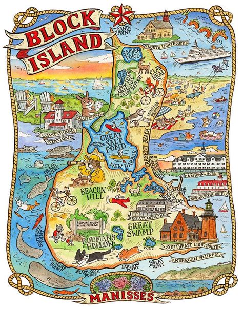 Block Island Rhode Island Map Art Print 16x 20 Etsy Block Island