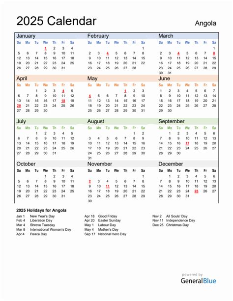 2025 Angola Calendar With Holidays